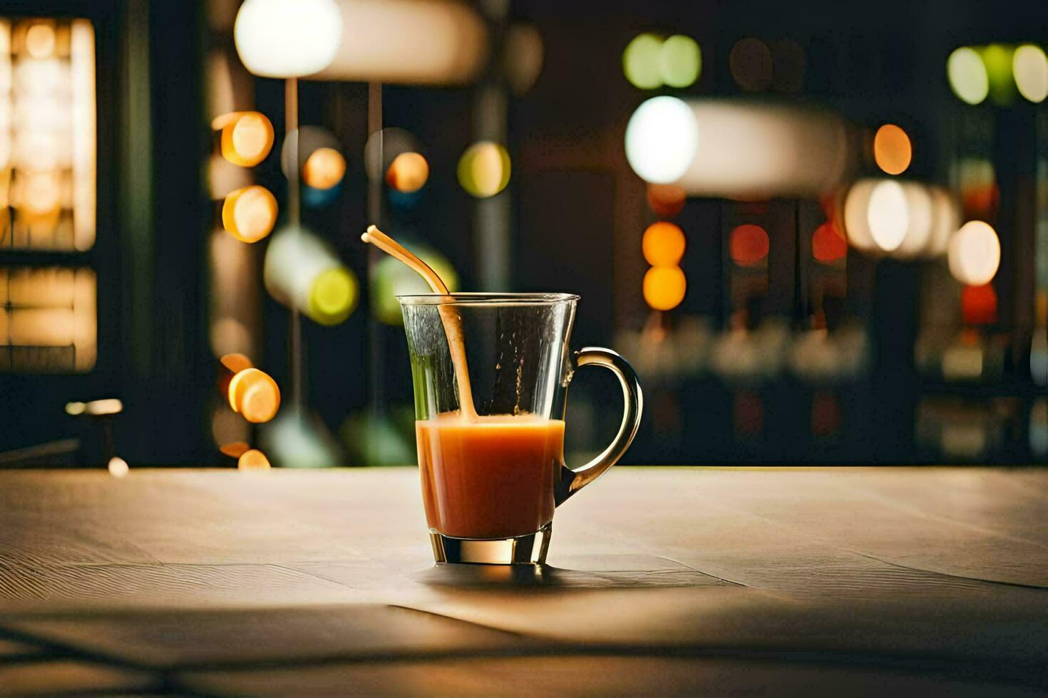 a glass of orange juice sitting on a table. AI-Generated photo