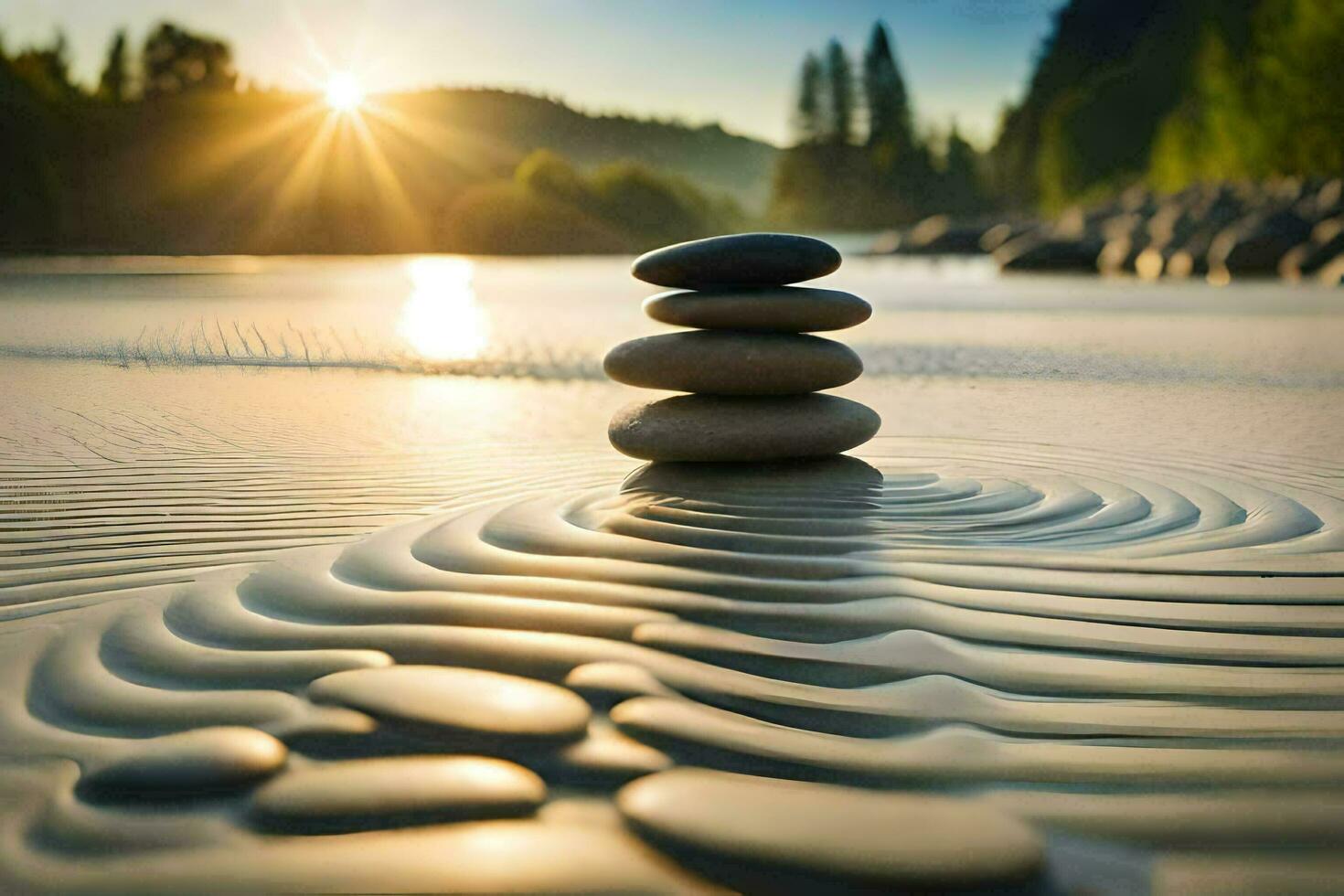 stacked stones on the beach at sunset. AI-Generated photo