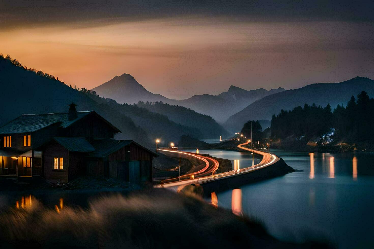 a house and a road in the mountains at sunset. AI-Generated photo