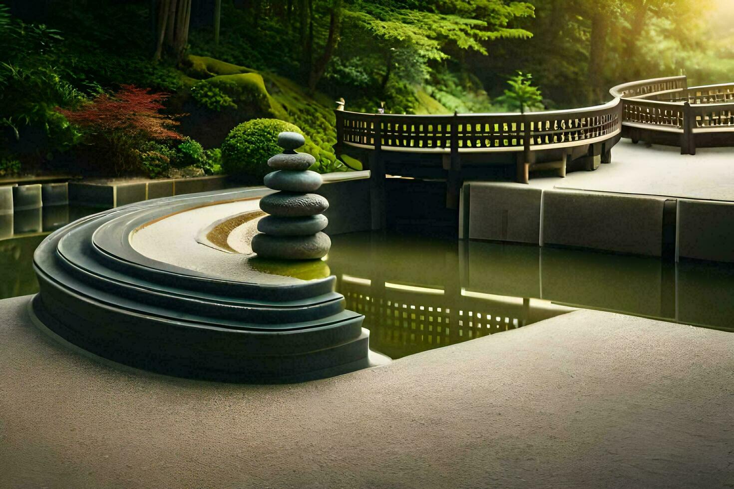 a japanese garden with a pond and stone sculptures. AI-Generated photo