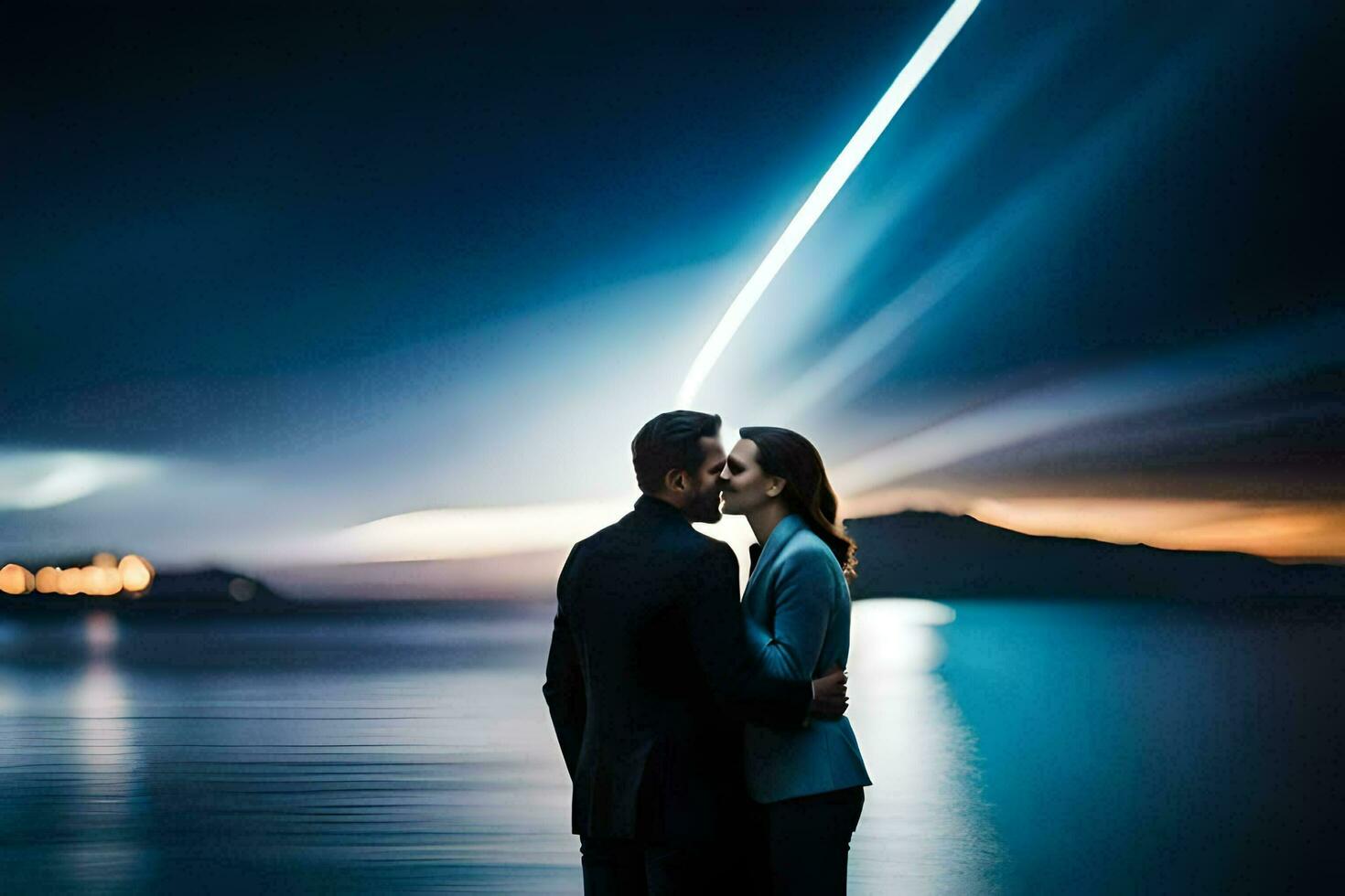 a couple kissing in front of a light beam. AI-Generated photo