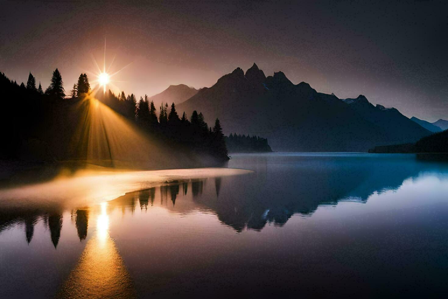 the sun shines over a mountain lake and trees. AI-Generated photo