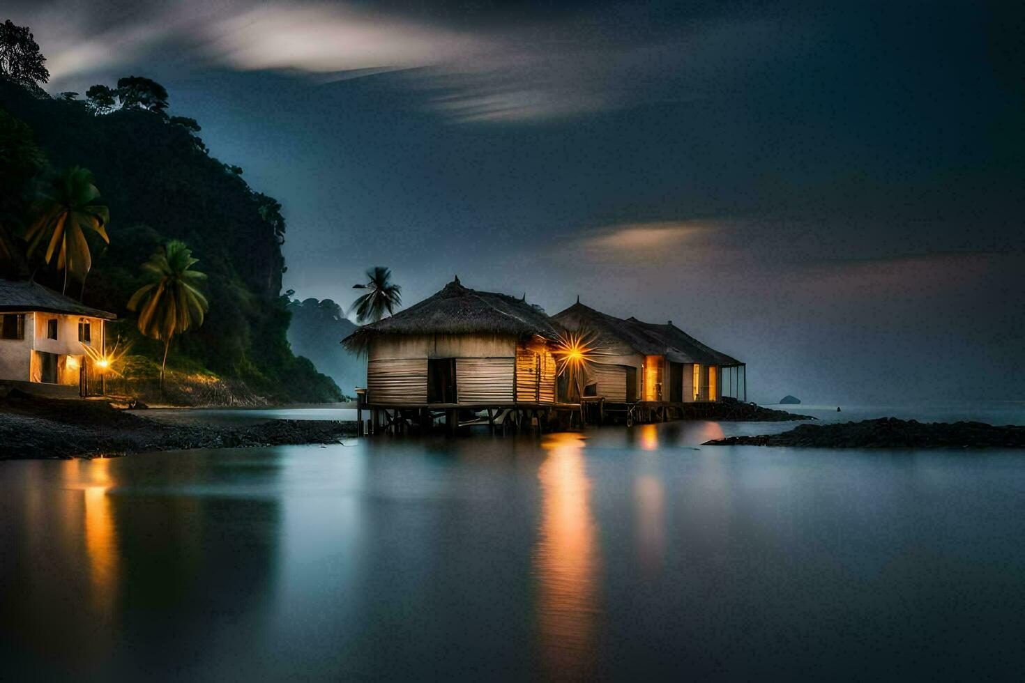a house on the shore of the ocean at night. AI-Generated photo