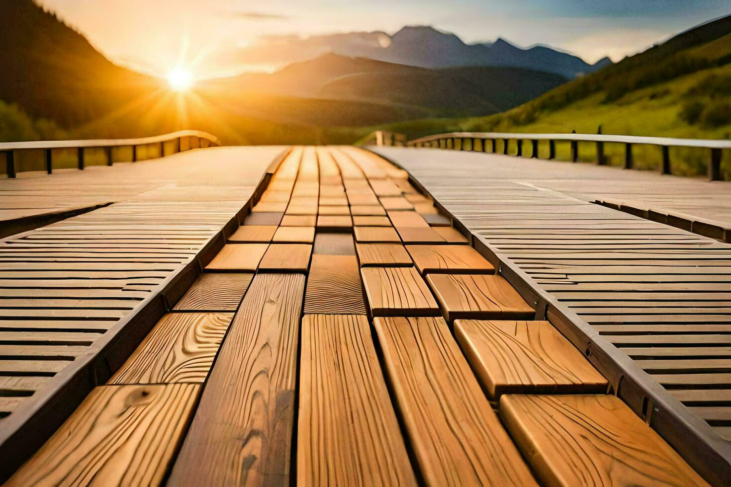 a wooden bridge with the sun setting behind it. AI-Generated photo