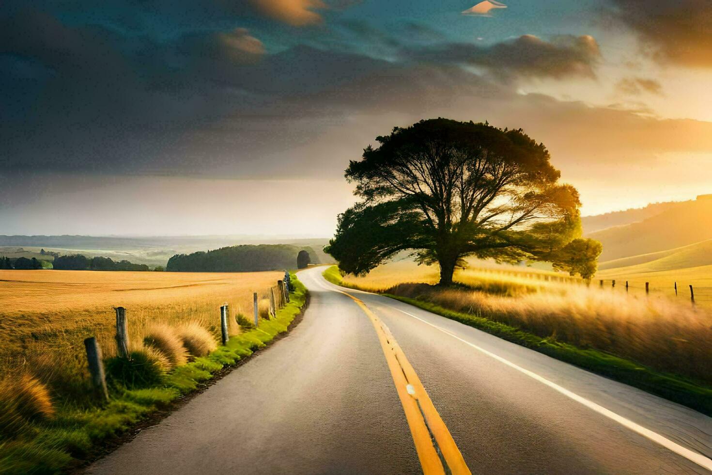 un largo la carretera con un árbol en el medio de él. generado por ai foto