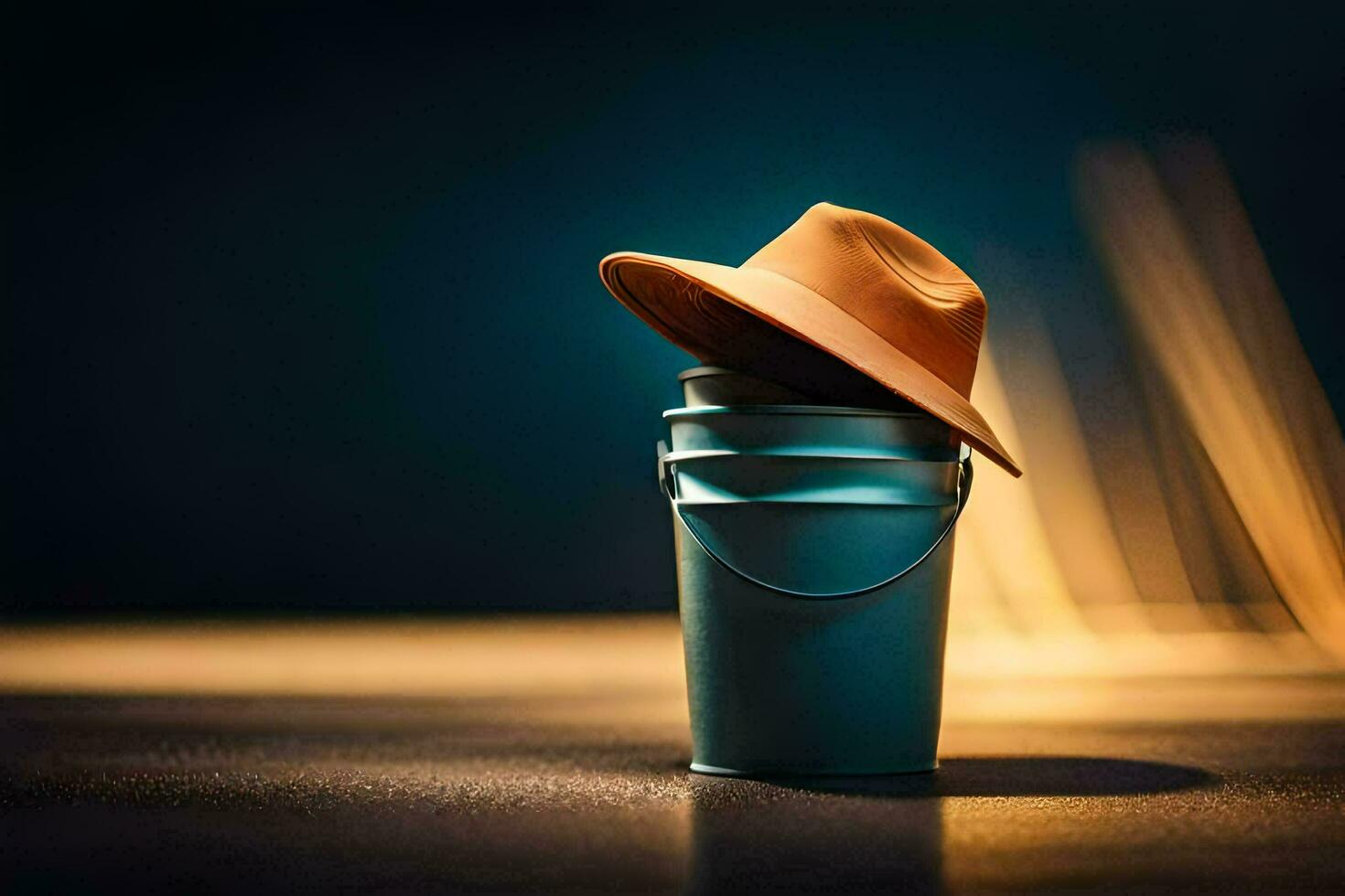 a hat is sitting on top of a bucket. AI-Generated photo