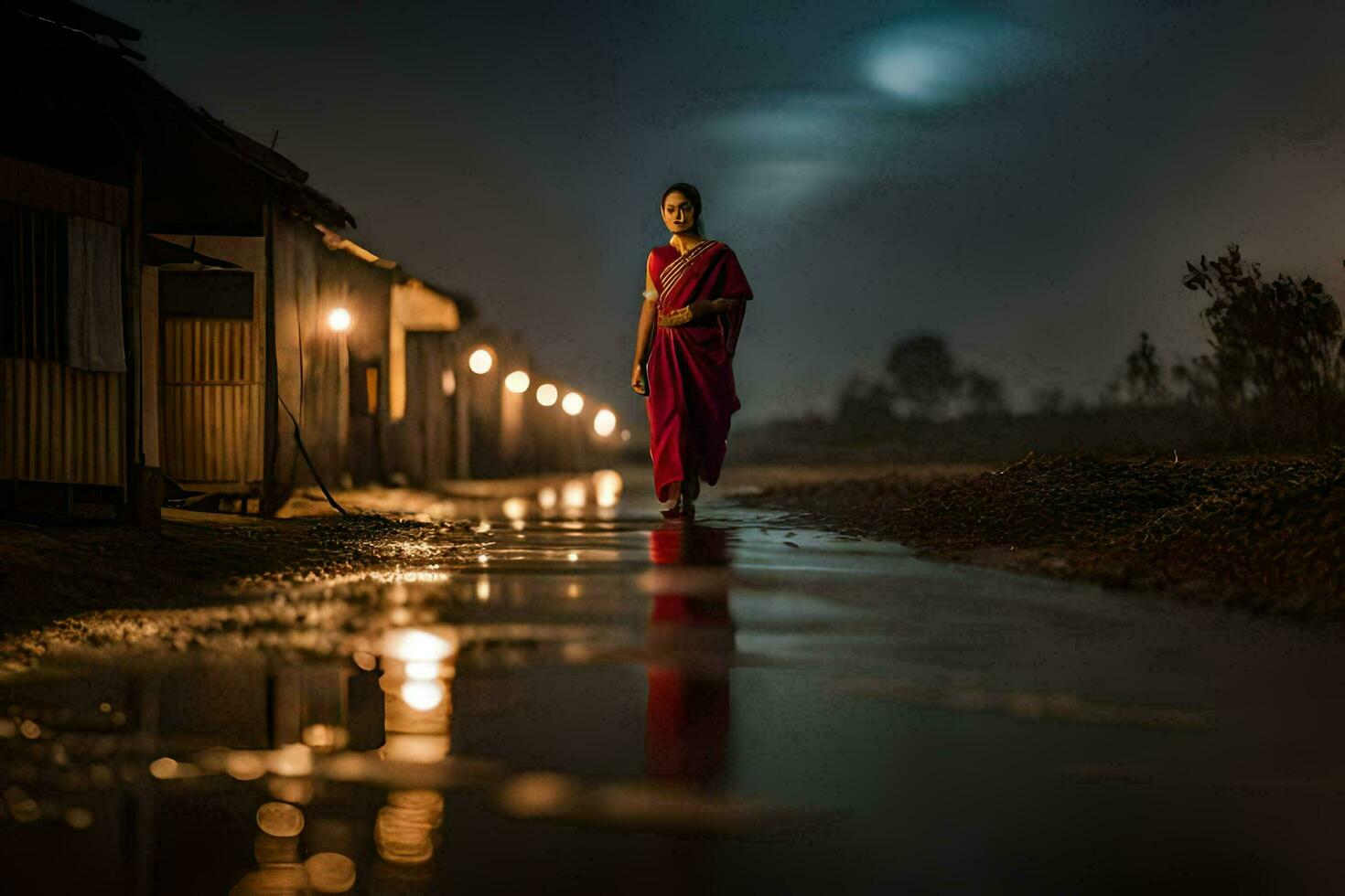 a woman in red dress walking down a wet road at night. AI-Generated photo