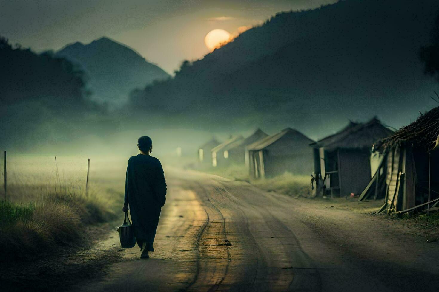 a man walking down a road with a bag in hand. AI-Generated photo