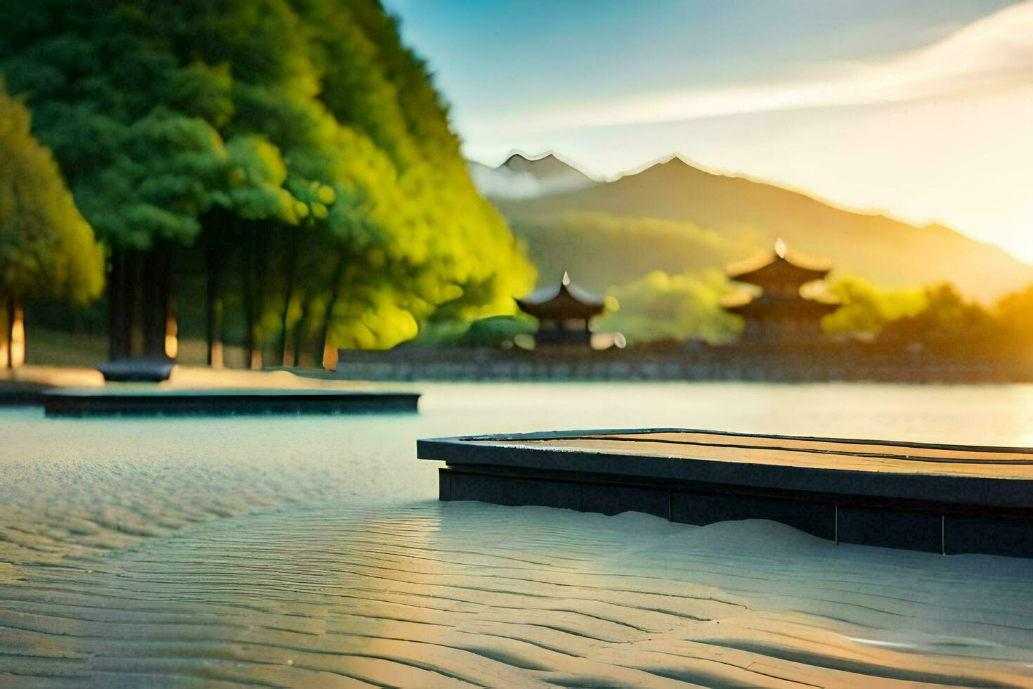 a beach with a wooden bench and a lake. AI-Generated photo