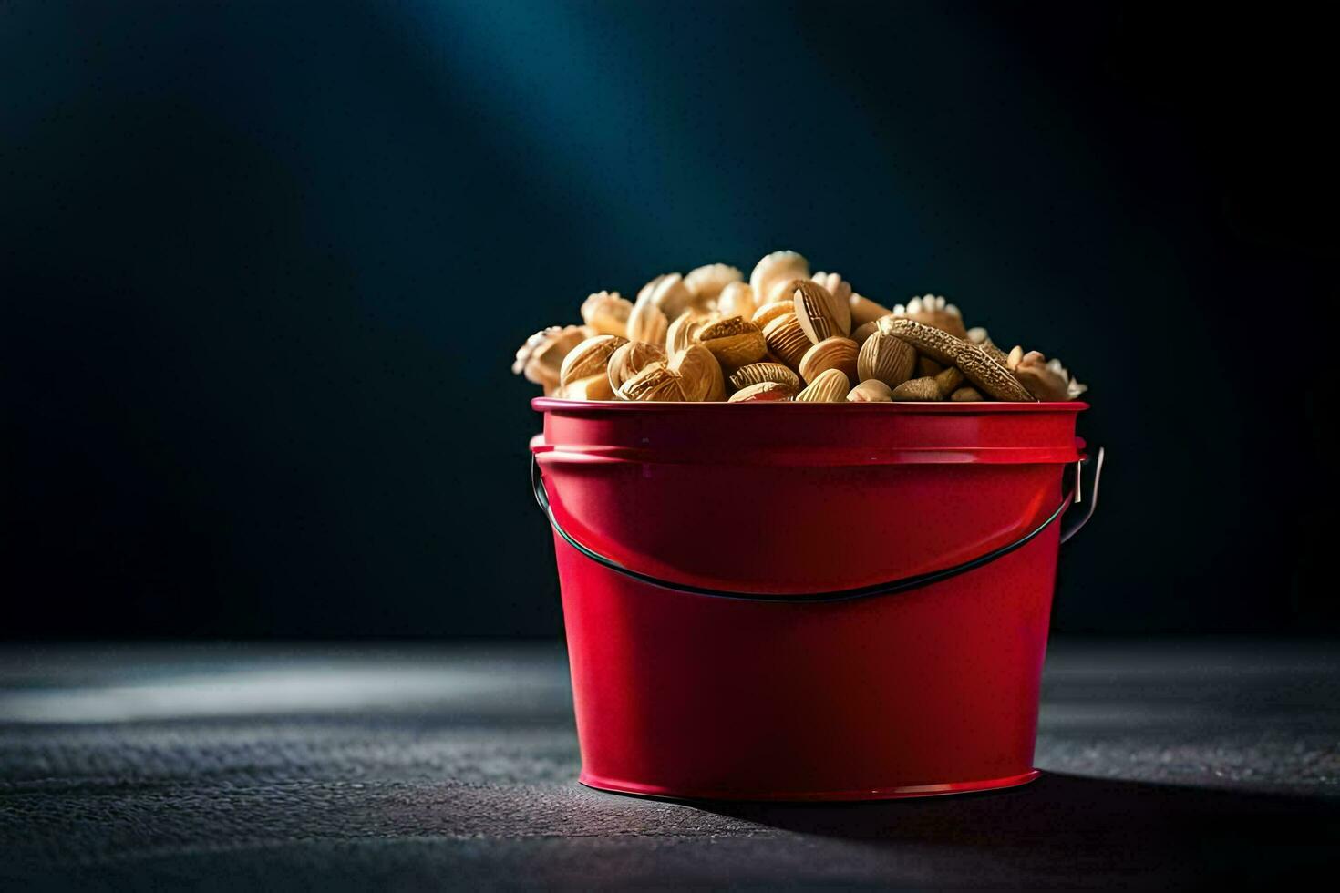 a red bucket filled with peanuts on a dark background. AI-Generated photo
