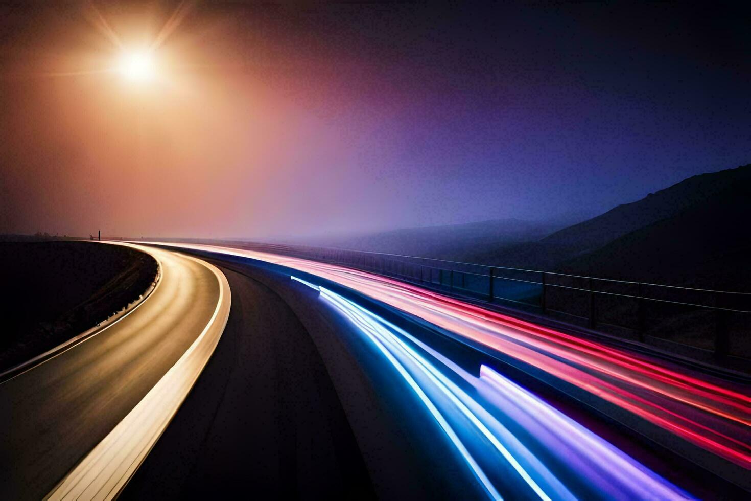 a long exposure photo of a highway at night. AI-Generated