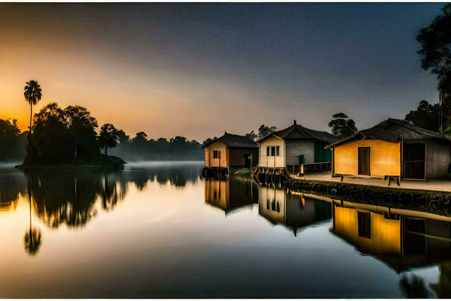 a lake with houses and a sunrise. AI-Generated photo