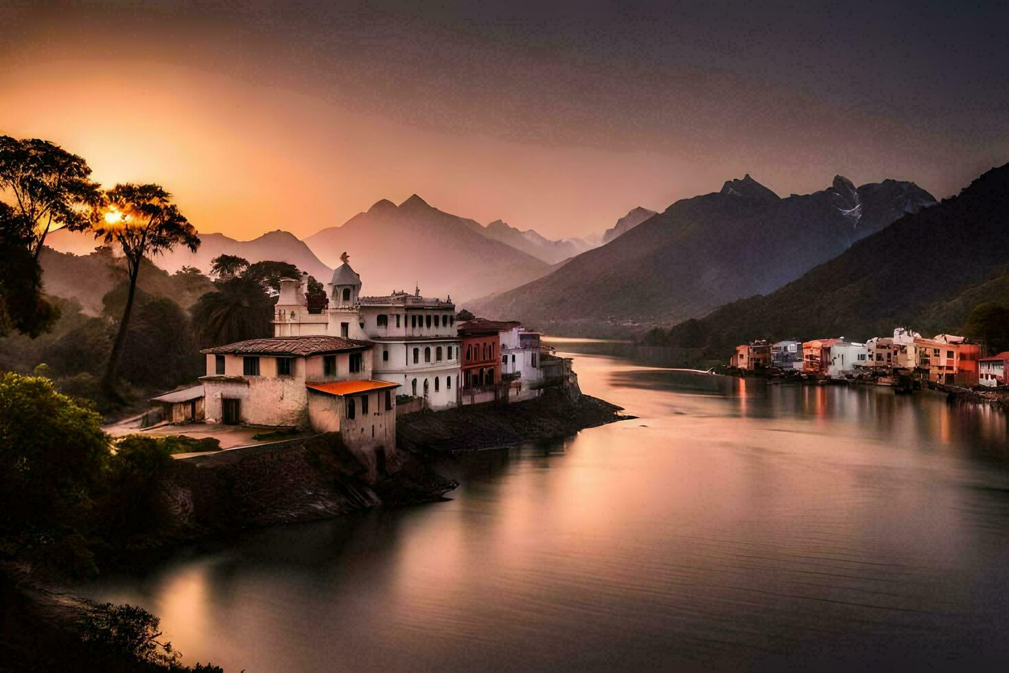 un río en el montañas con casas y montañas en el antecedentes. generado por ai foto