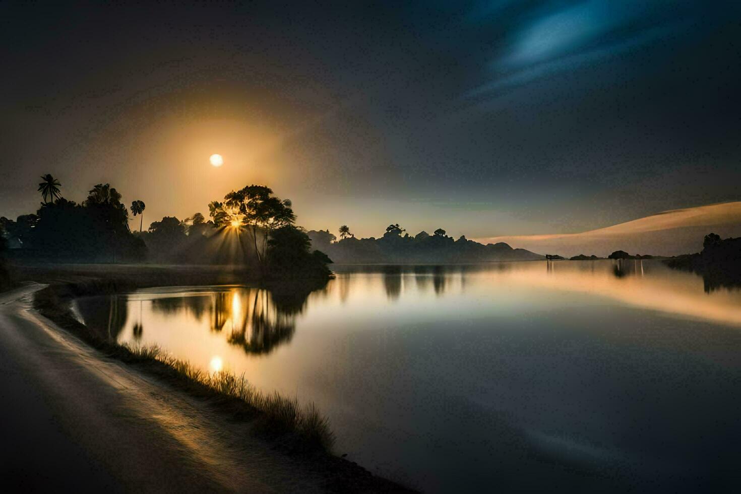 the sun rises over a lake in the middle of a dark sky. AI-Generated photo