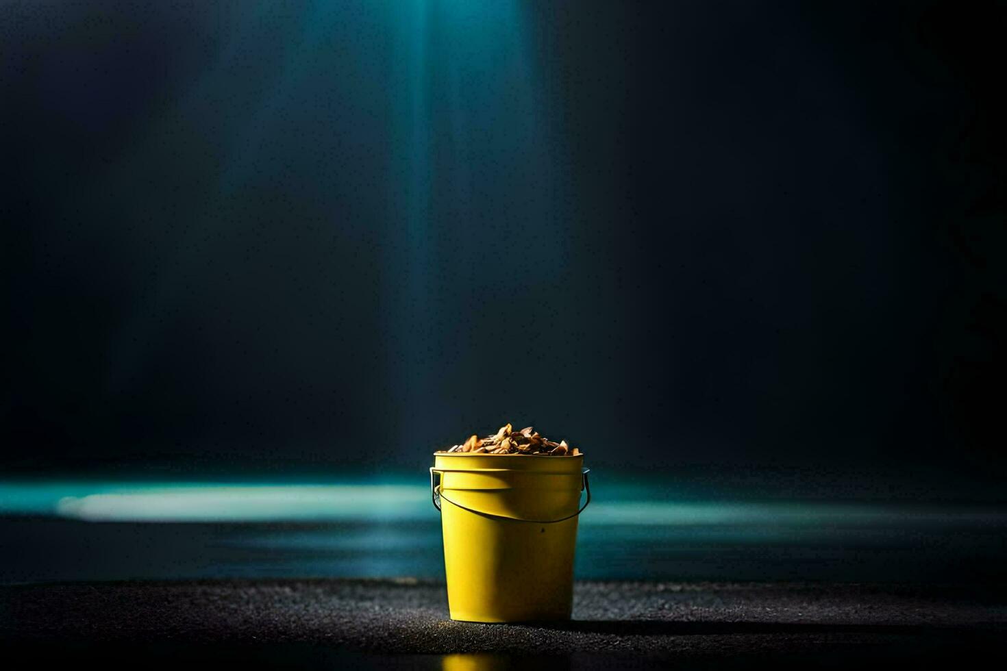 a yellow bucket with peanuts on a dark floor. AI-Generated photo