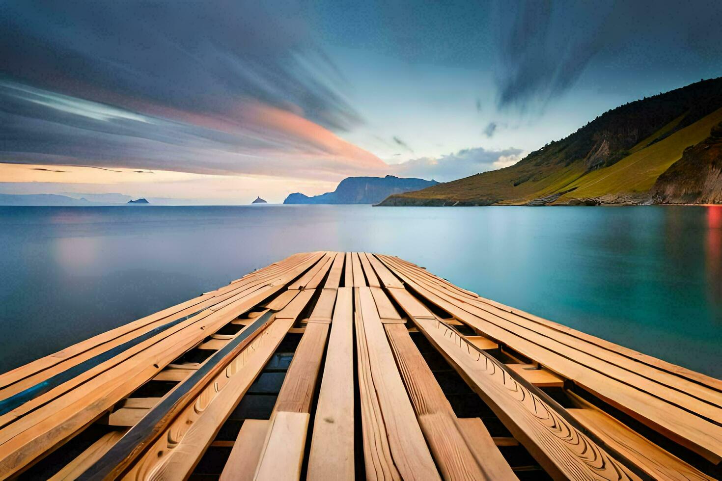 a long exposure photo of a wooden dock in the ocean. AI-Generated