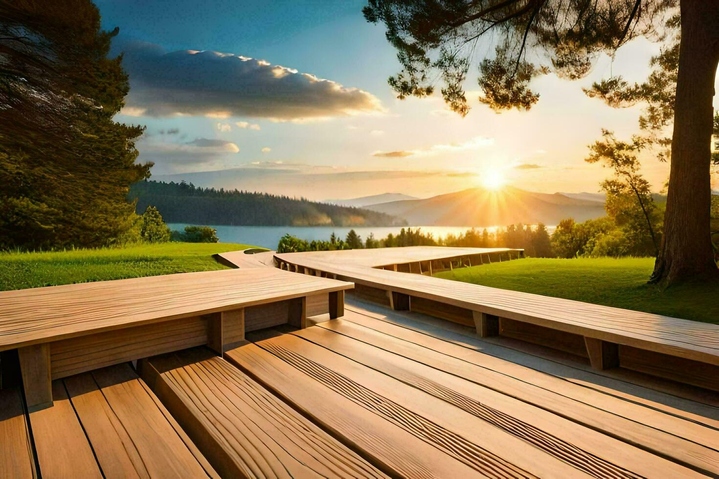 wooden benches on a grassy hill overlooking a lake. AI-Generated photo