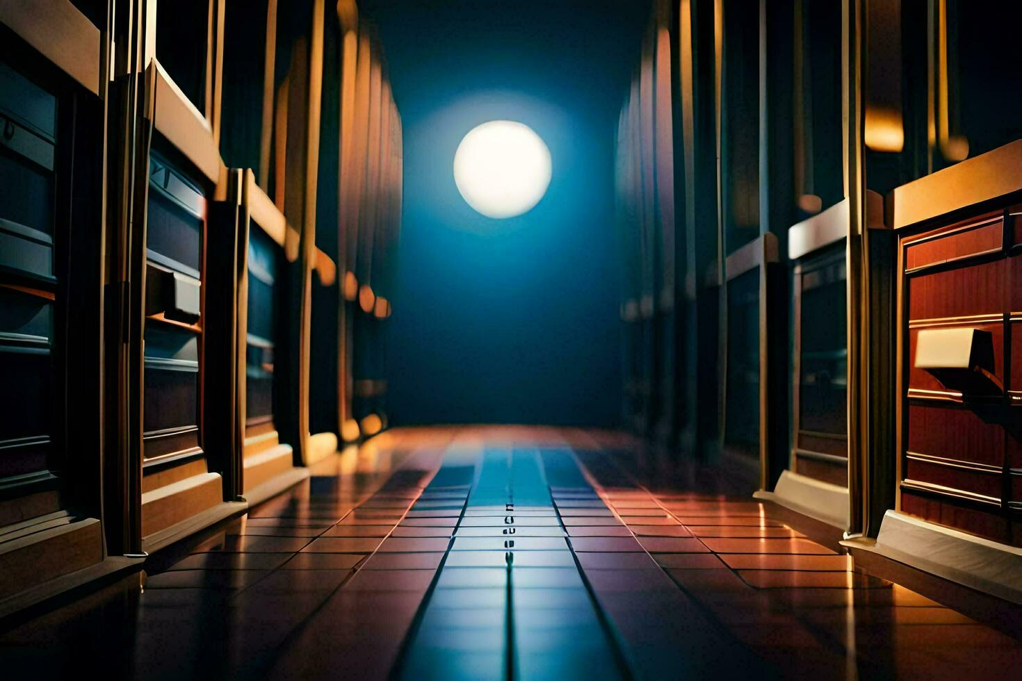 a long hallway with wooden doors and a light shining in the middle. AI-Generated photo
