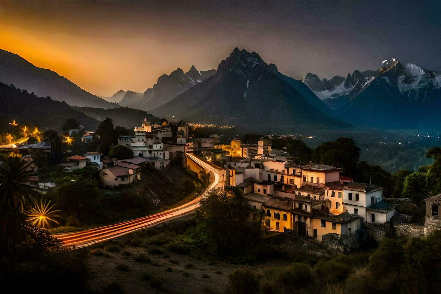 un pueblo en el montañas a oscuridad con un montaña rango en el antecedentes. generado por ai foto