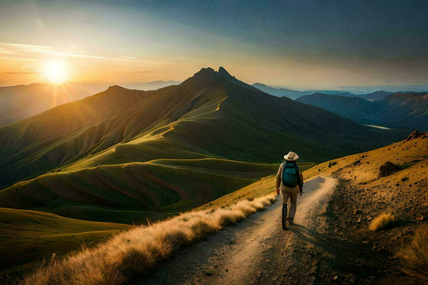a man walks on a dirt road in the mountains. AI-Generated photo