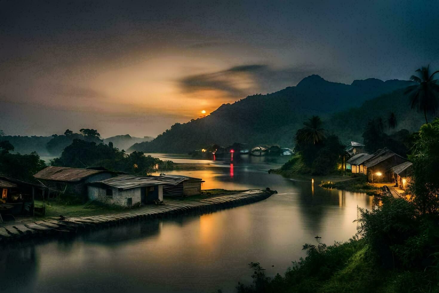 a river in the mountains at sunset. AI-Generated photo