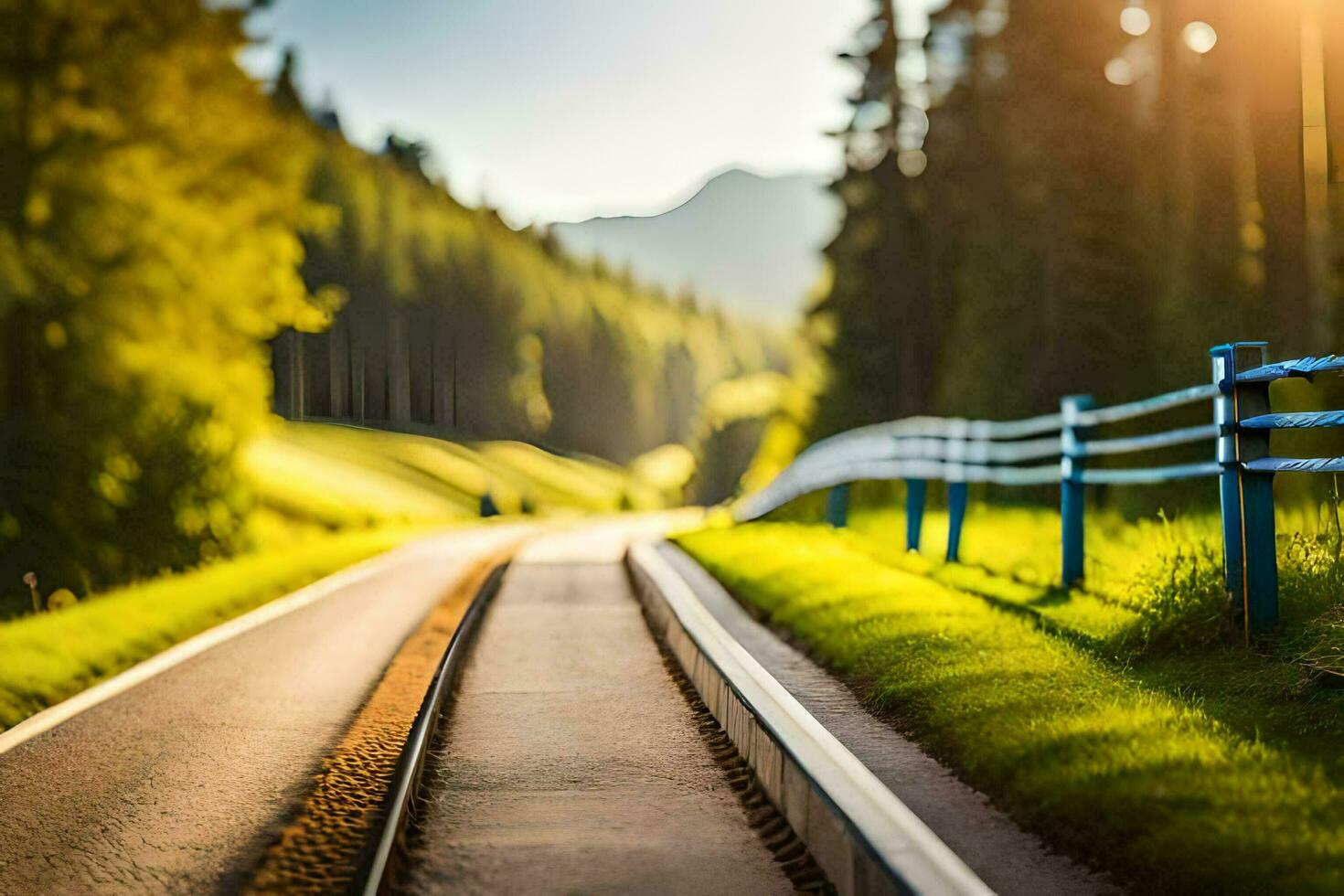 a-train-track-in-the-middle-of-a-green-field-ai-generated-34268806