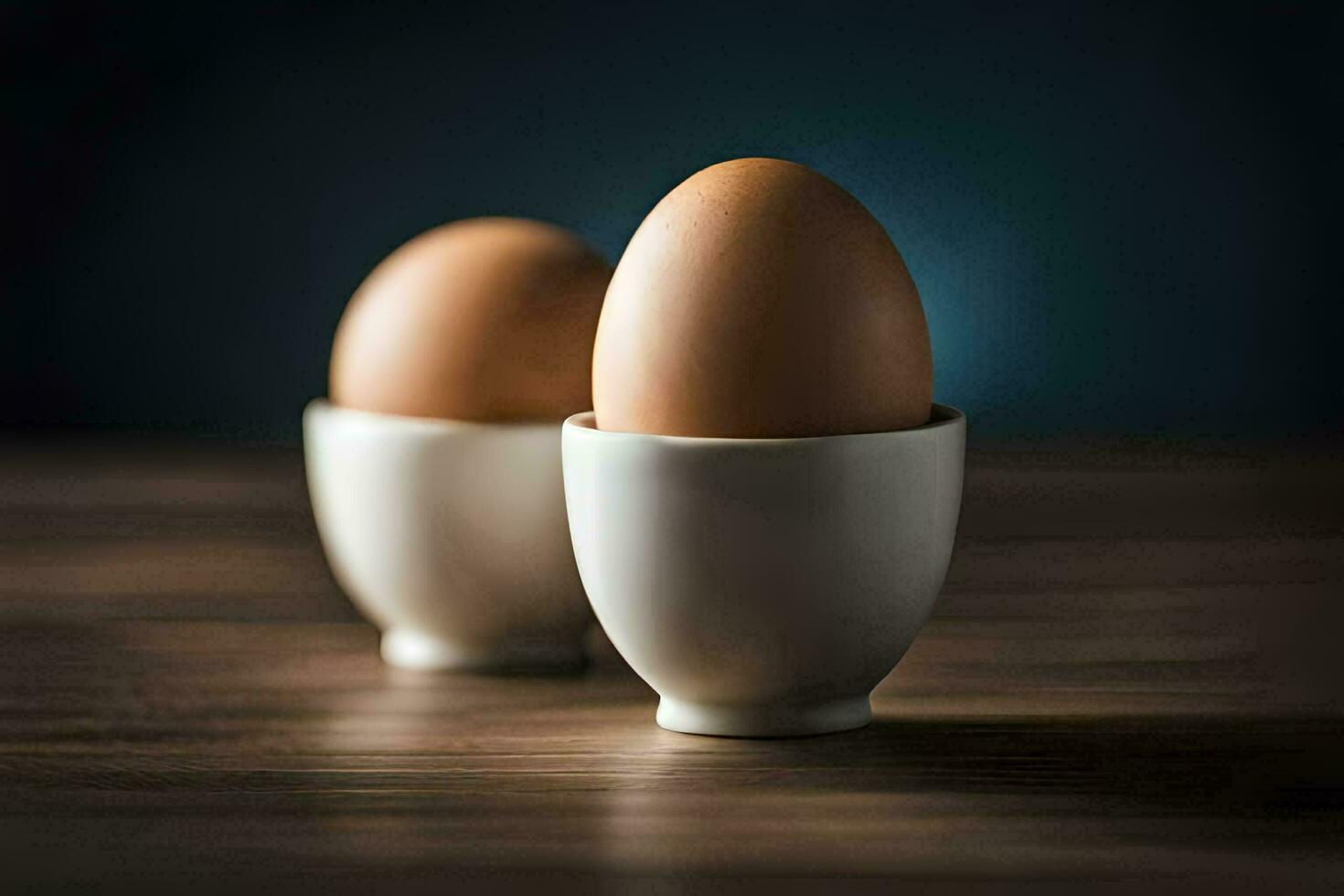 two eggs in white cups on a wooden table. AI-Generated photo