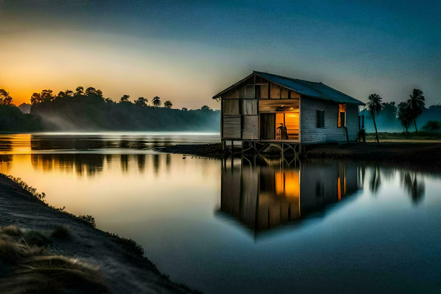 a small house sits on the shore of a lake at sunset. AI-Generated photo