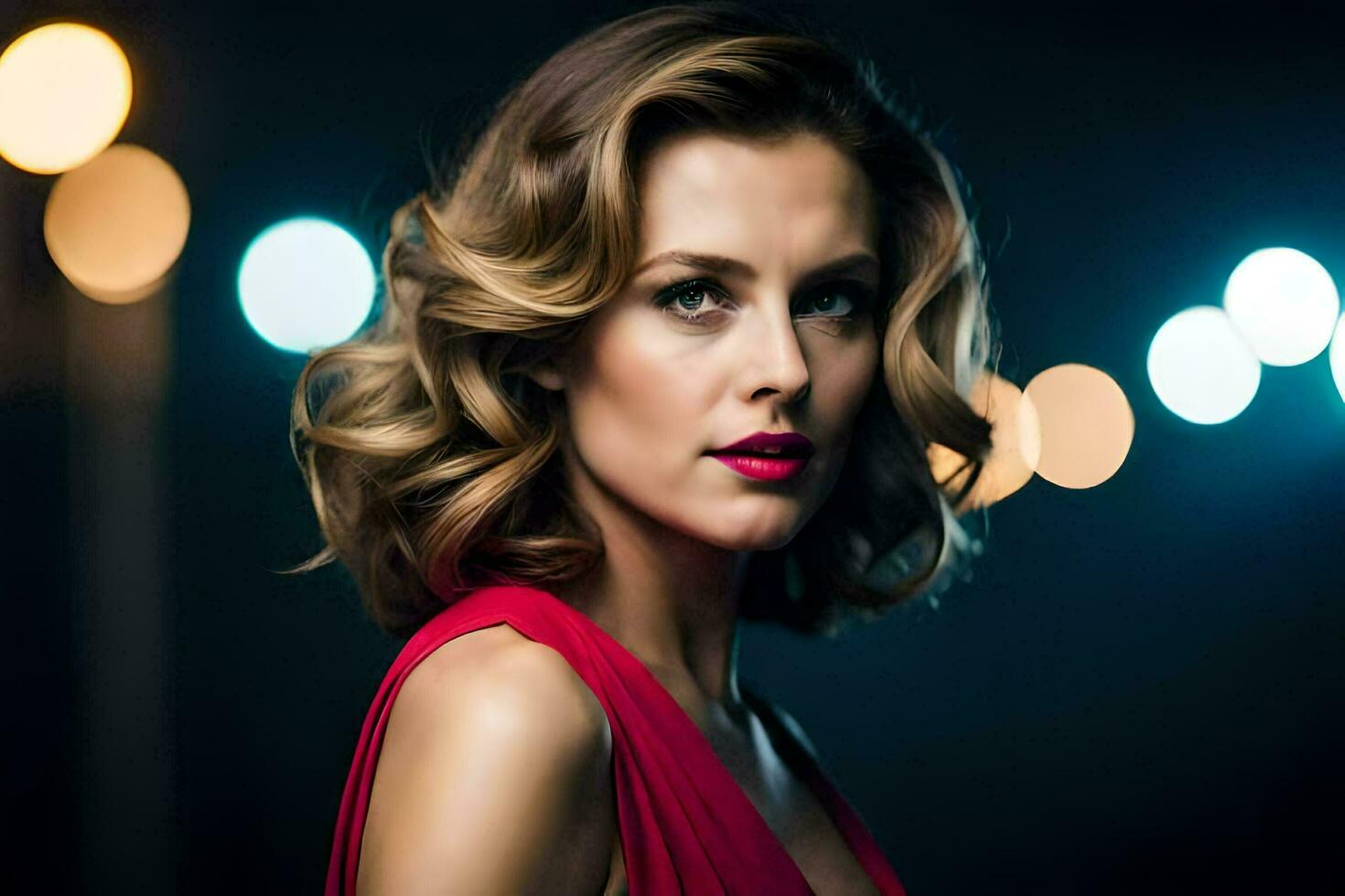 a woman in a red dress with lights behind her. AI-Generated photo