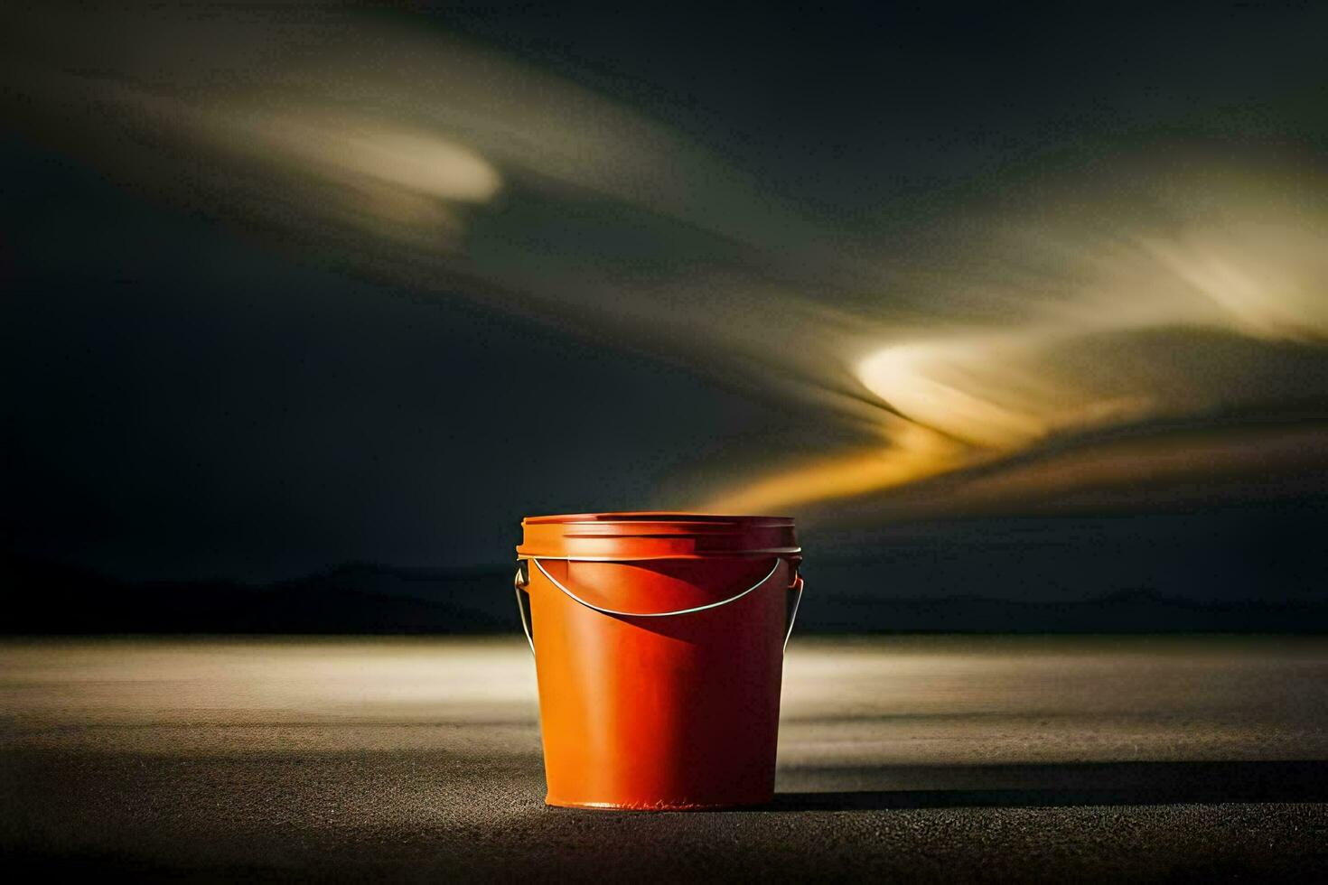 a red bucket sitting on the ground in front of a cloudy sky. AI-Generated photo