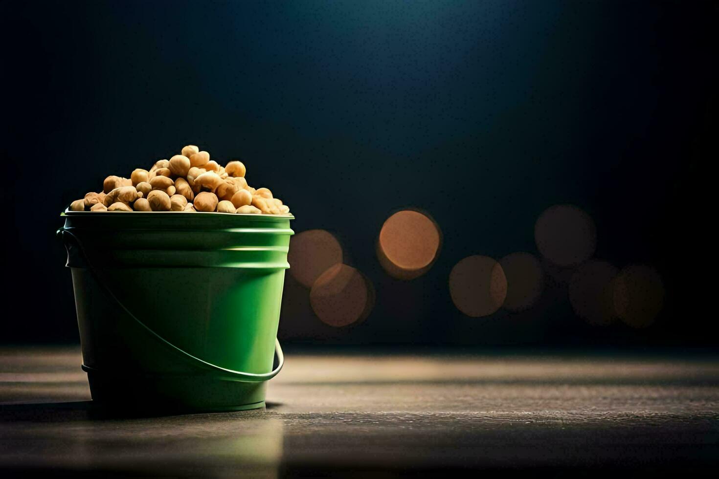 a bucket filled with peanuts on a table. AI-Generated photo