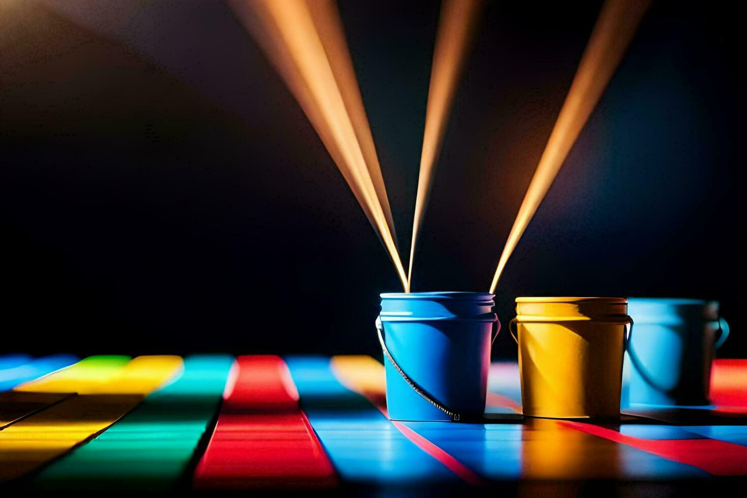 three colorful buckets on a table with light coming from them. AI-Generated photo