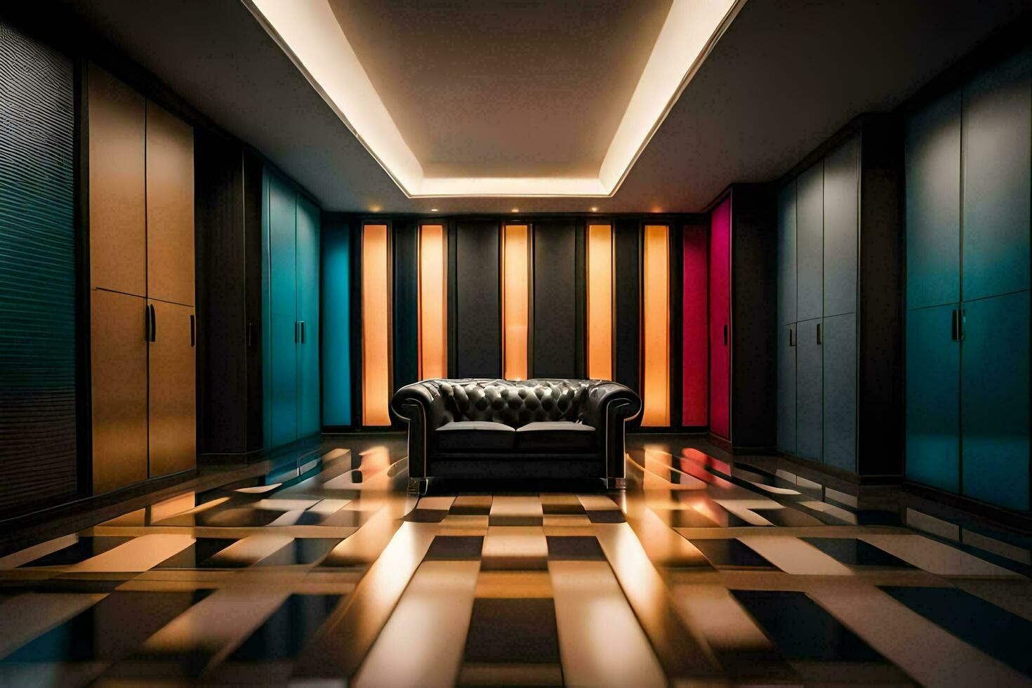 a black leather chair in a room with colorful walls. AI-Generated photo