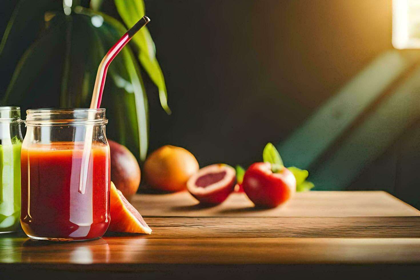 two glasses of juice with straws on a wooden table. AI-Generated photo