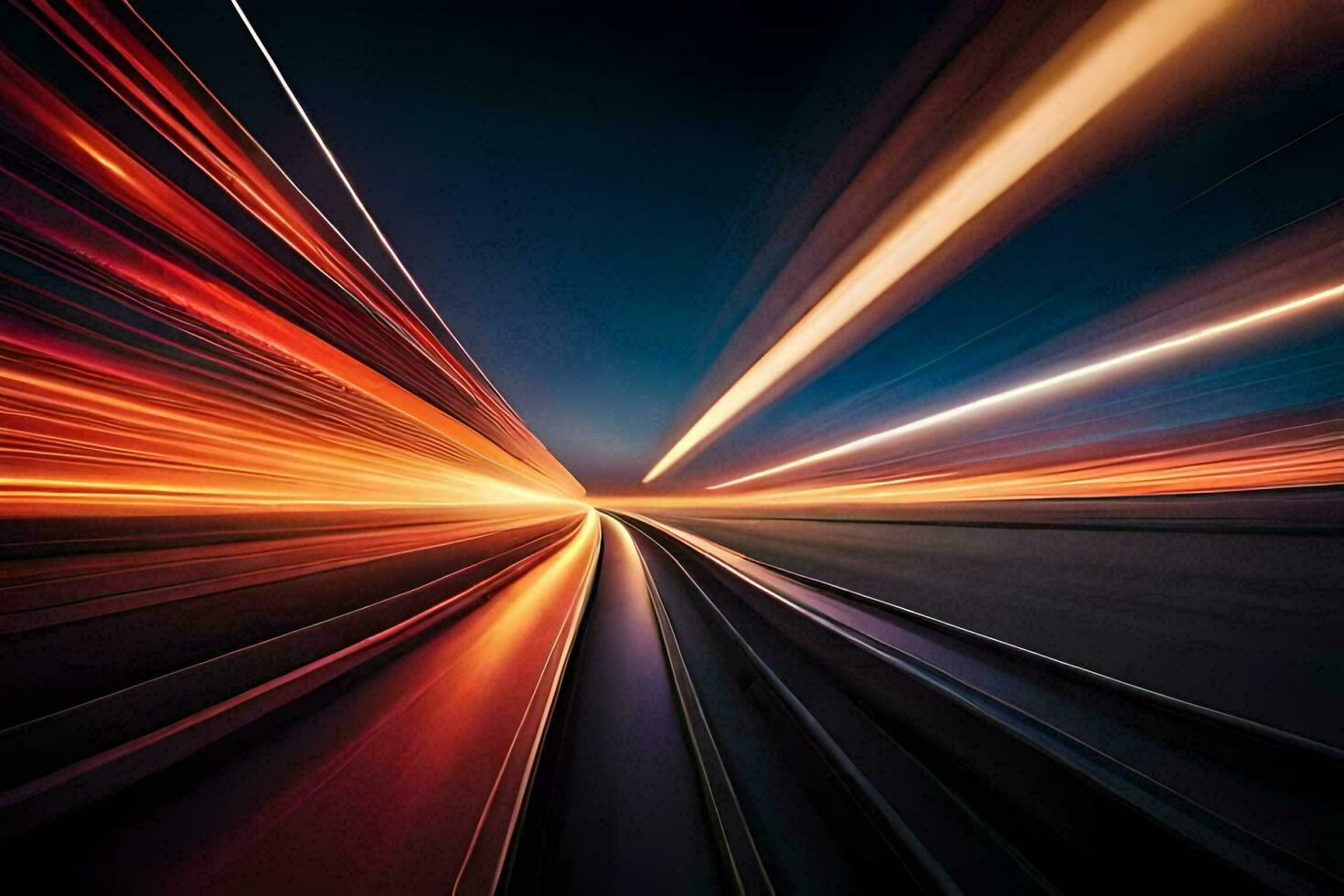 a blurry image of a train speeding through the night. AI-Generated photo