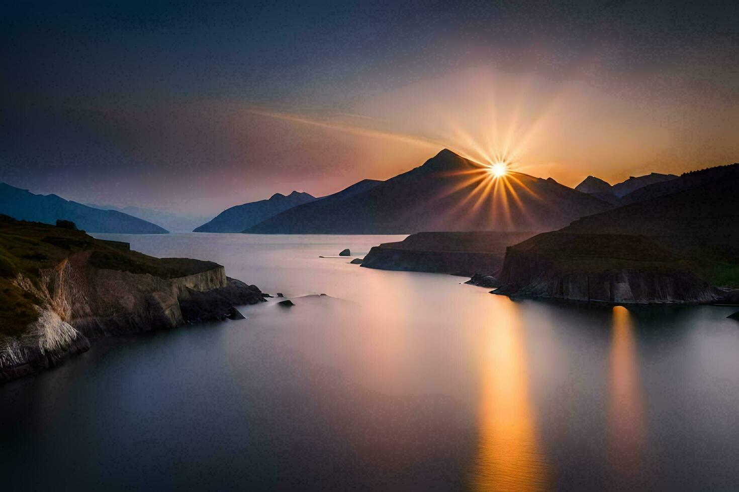 the sun rises over a lake and mountains. AI-Generated photo