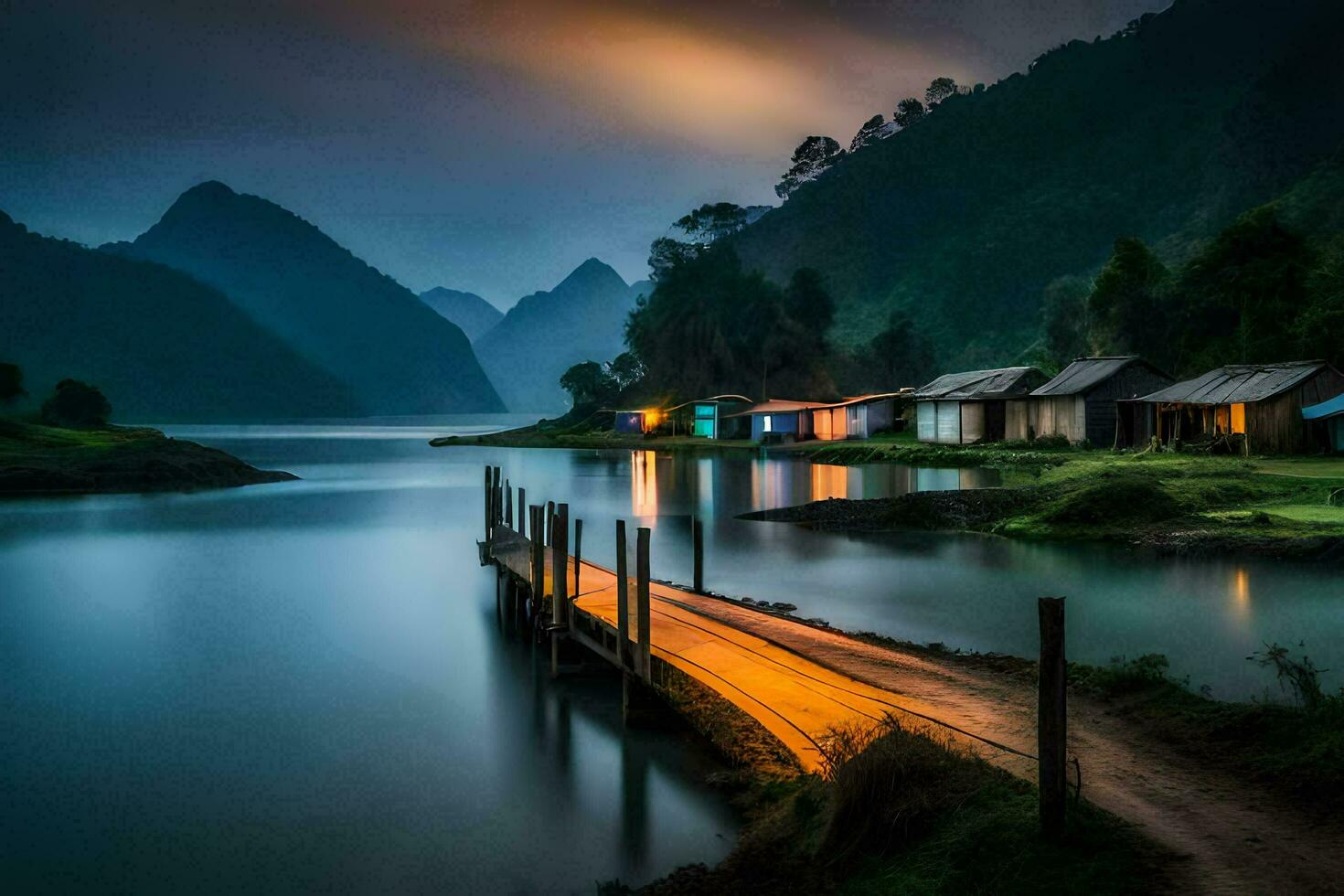 the wooden pier in the middle of the lake. AI-Generated photo