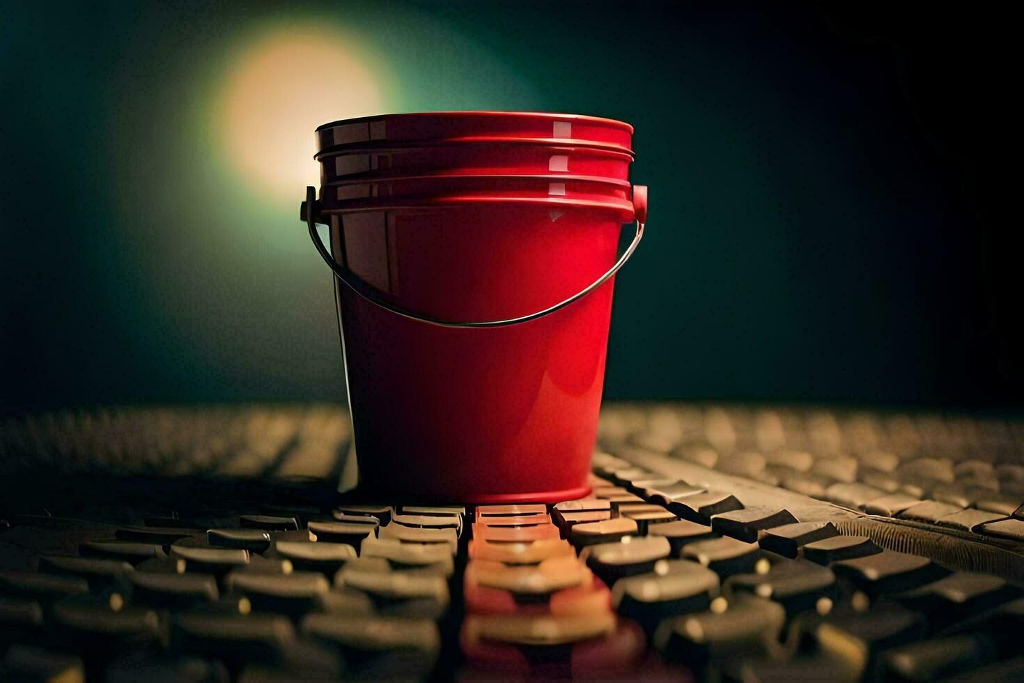 a red bucket sitting on top of a keyboard. AI-Generated photo