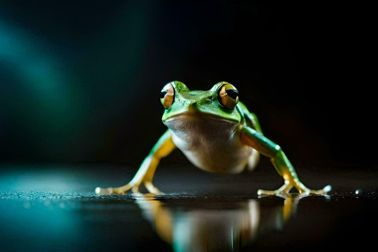 a frog is standing on a dark surface. AI-Generated photo