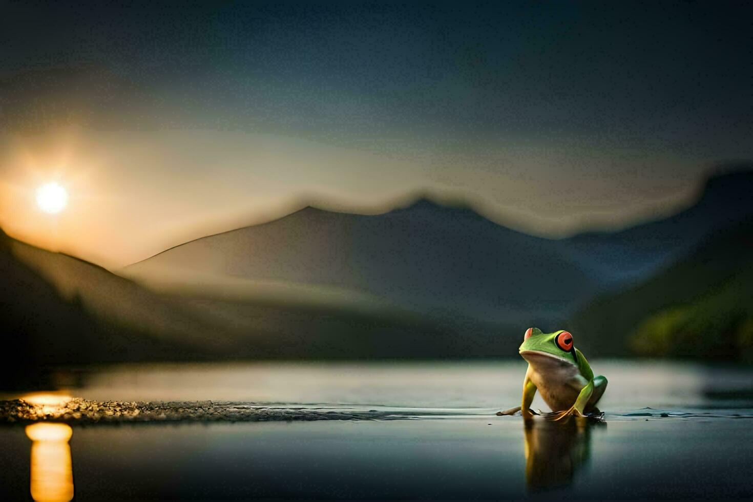 a frog sitting on the edge of a lake at sunset. AI-Generated photo