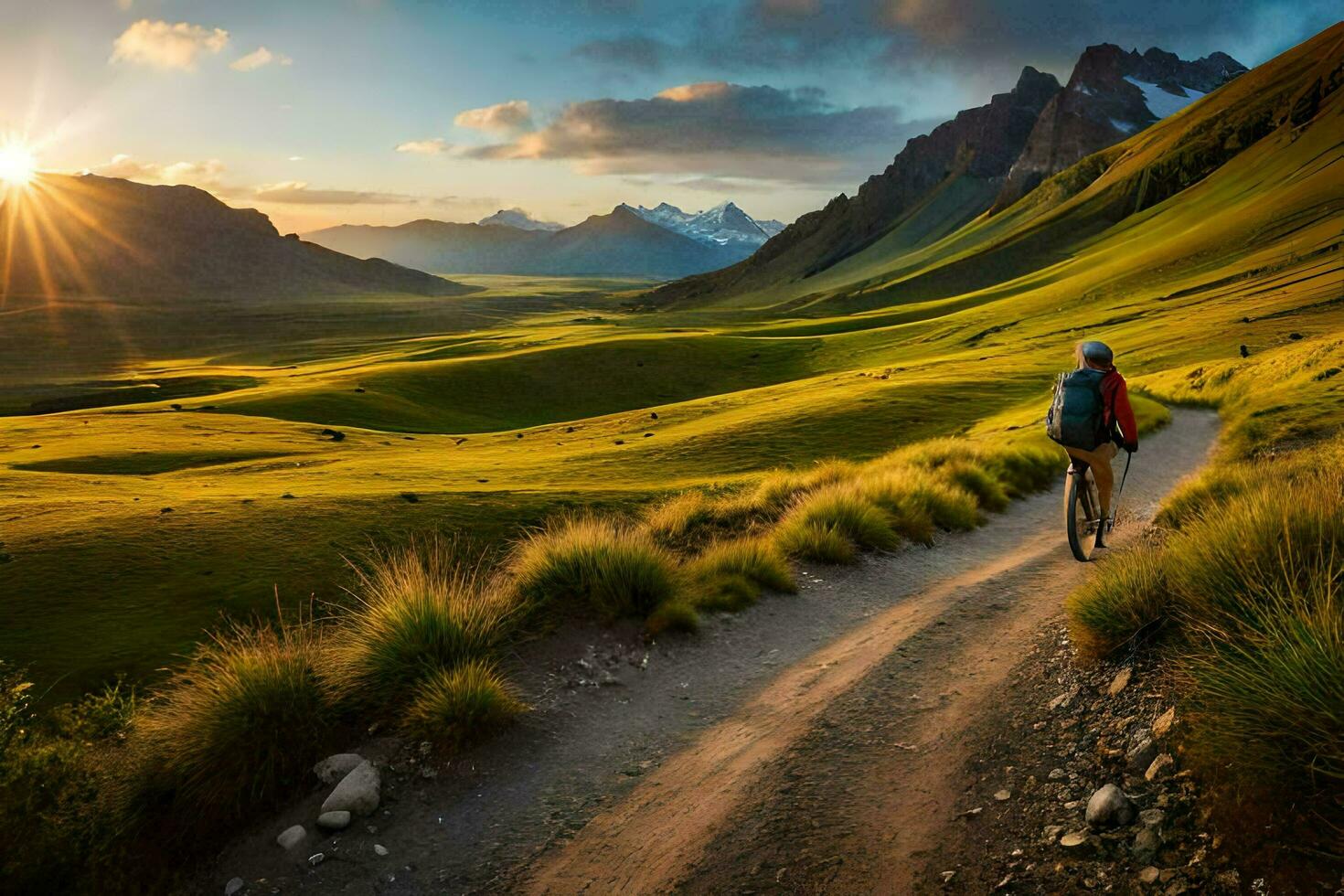 a man on a bike rides through the mountains. AI-Generated photo