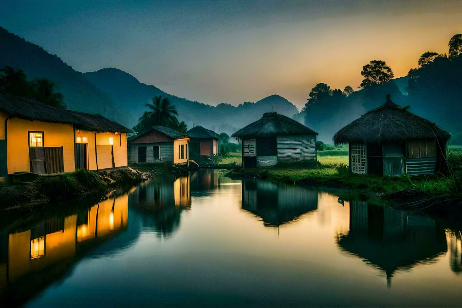 un río en el montañas a puesta de sol. generado por ai foto