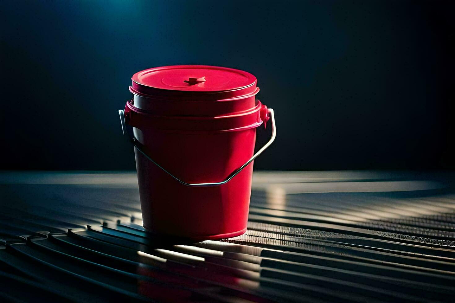 a red bucket sitting on a metal surface. AI-Generated photo