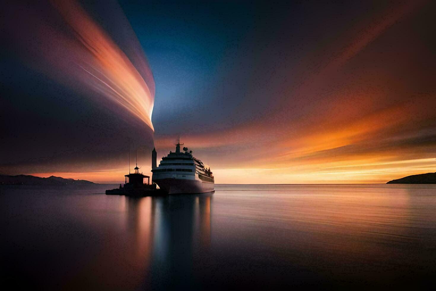 a boat is docked at sunset in the ocean. AI-Generated photo