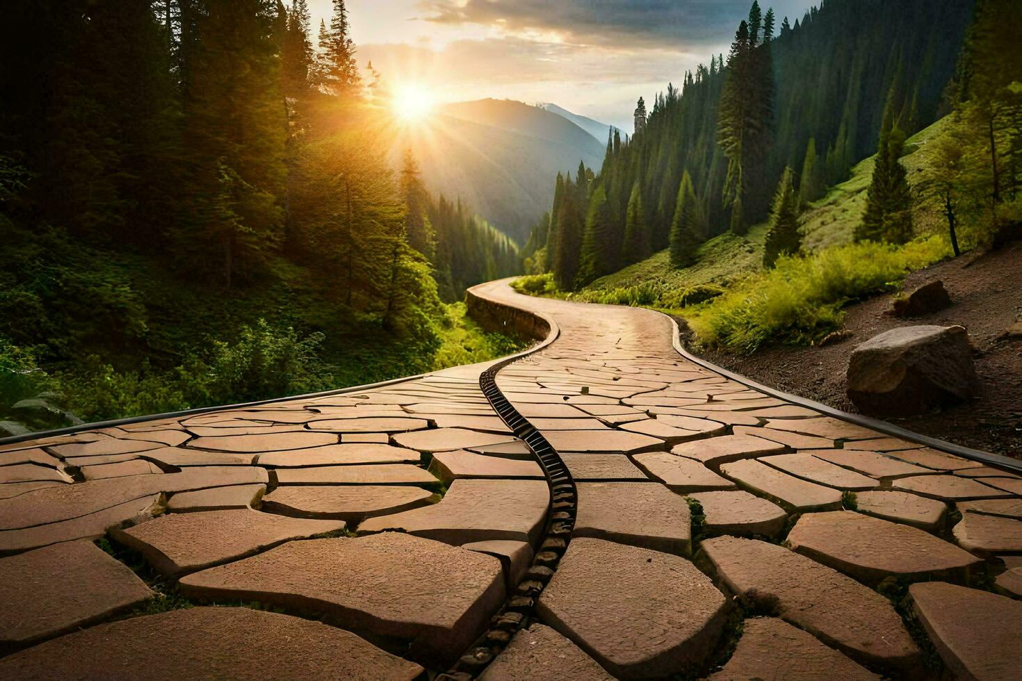 a stone path in the mountains with the sun setting behind it. AI-Generated photo