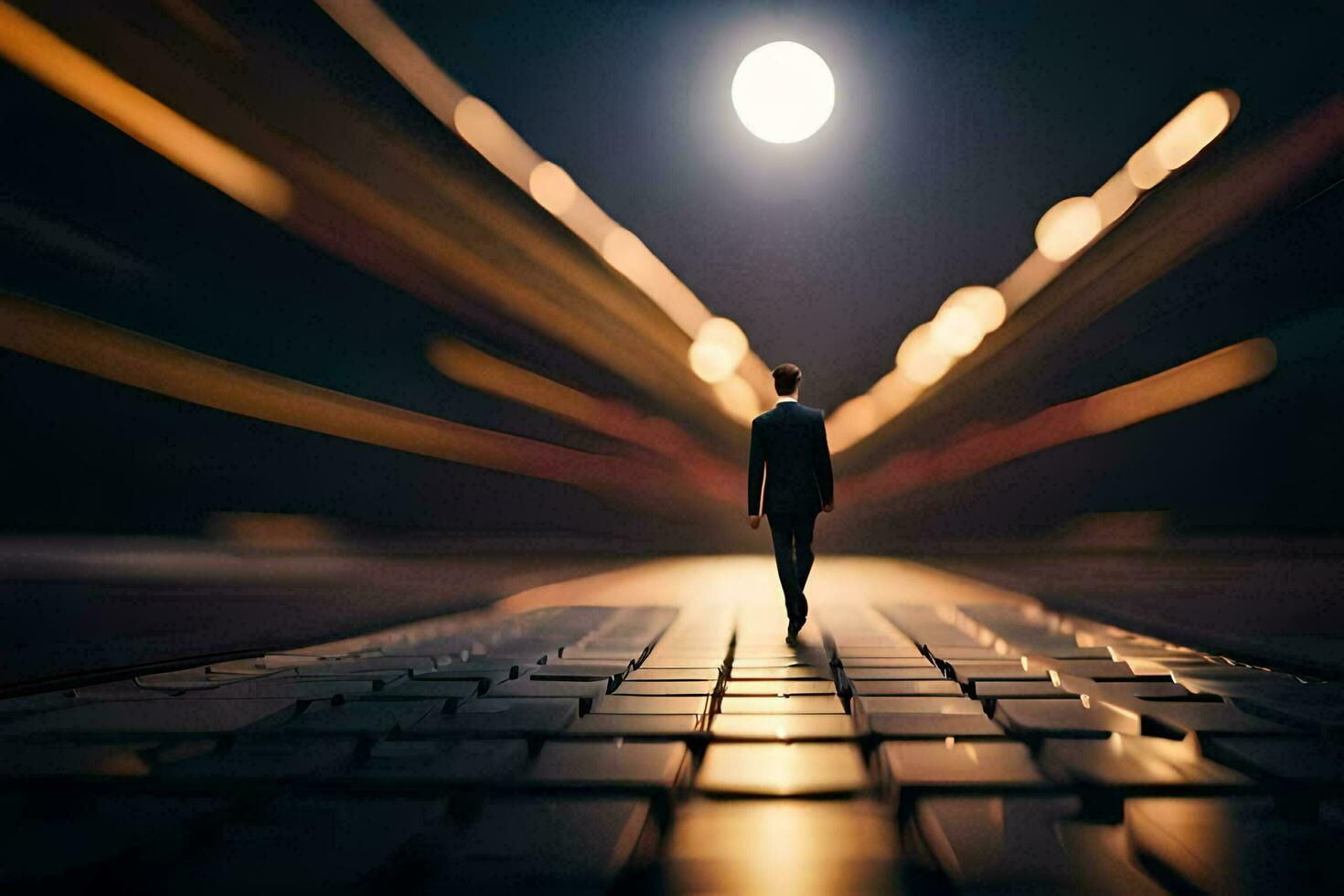 a man walking down a road at night with the moon in the background. AI-Generated photo