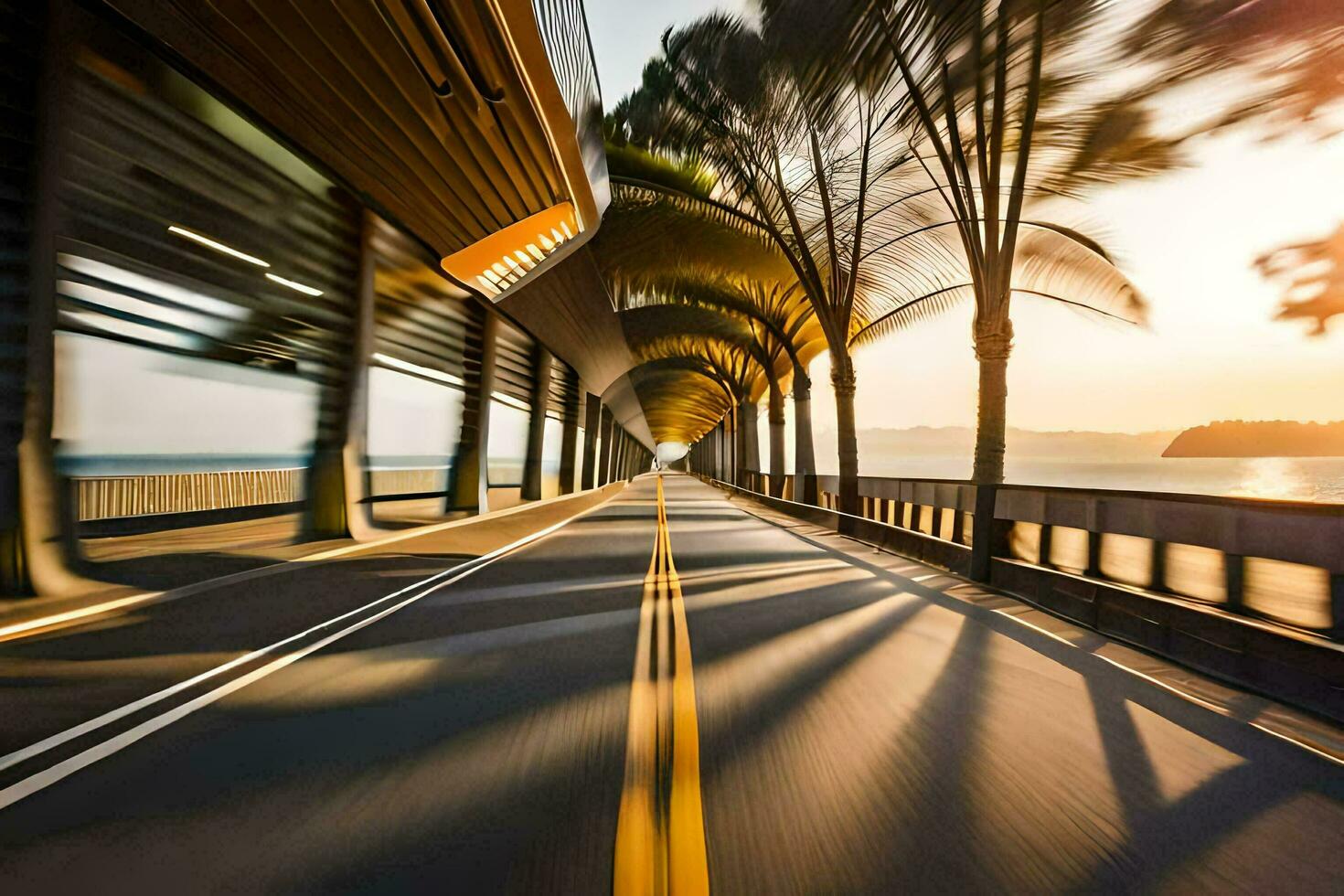 a blurry image of a road with trees and a bridge. AI-Generated photo