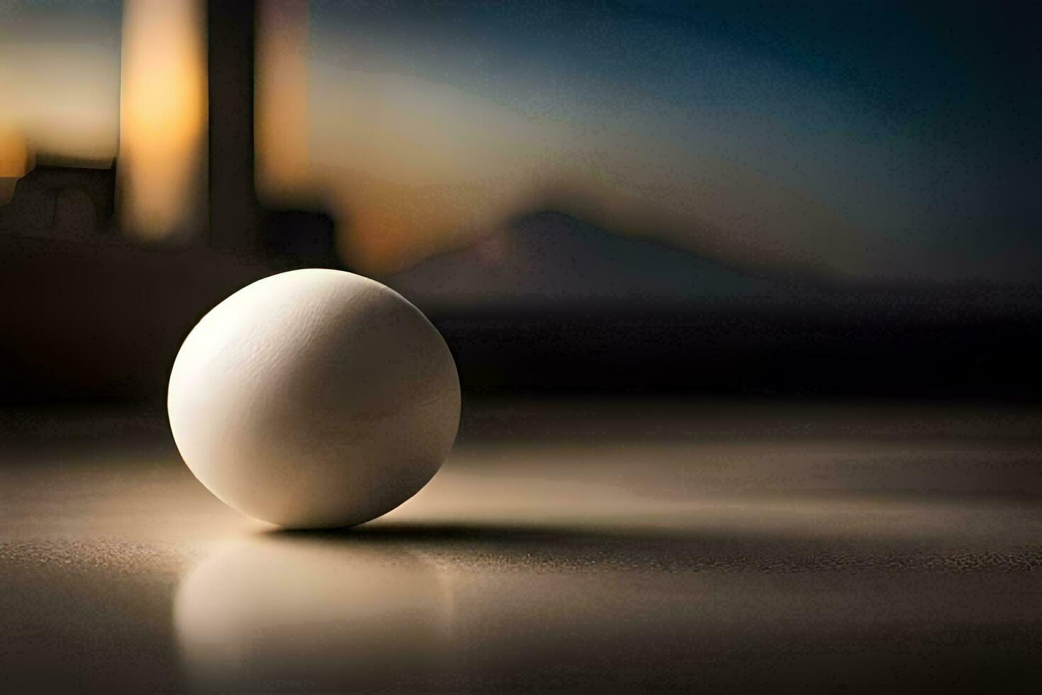 an egg sitting on a table in front of a window. AI-Generated photo