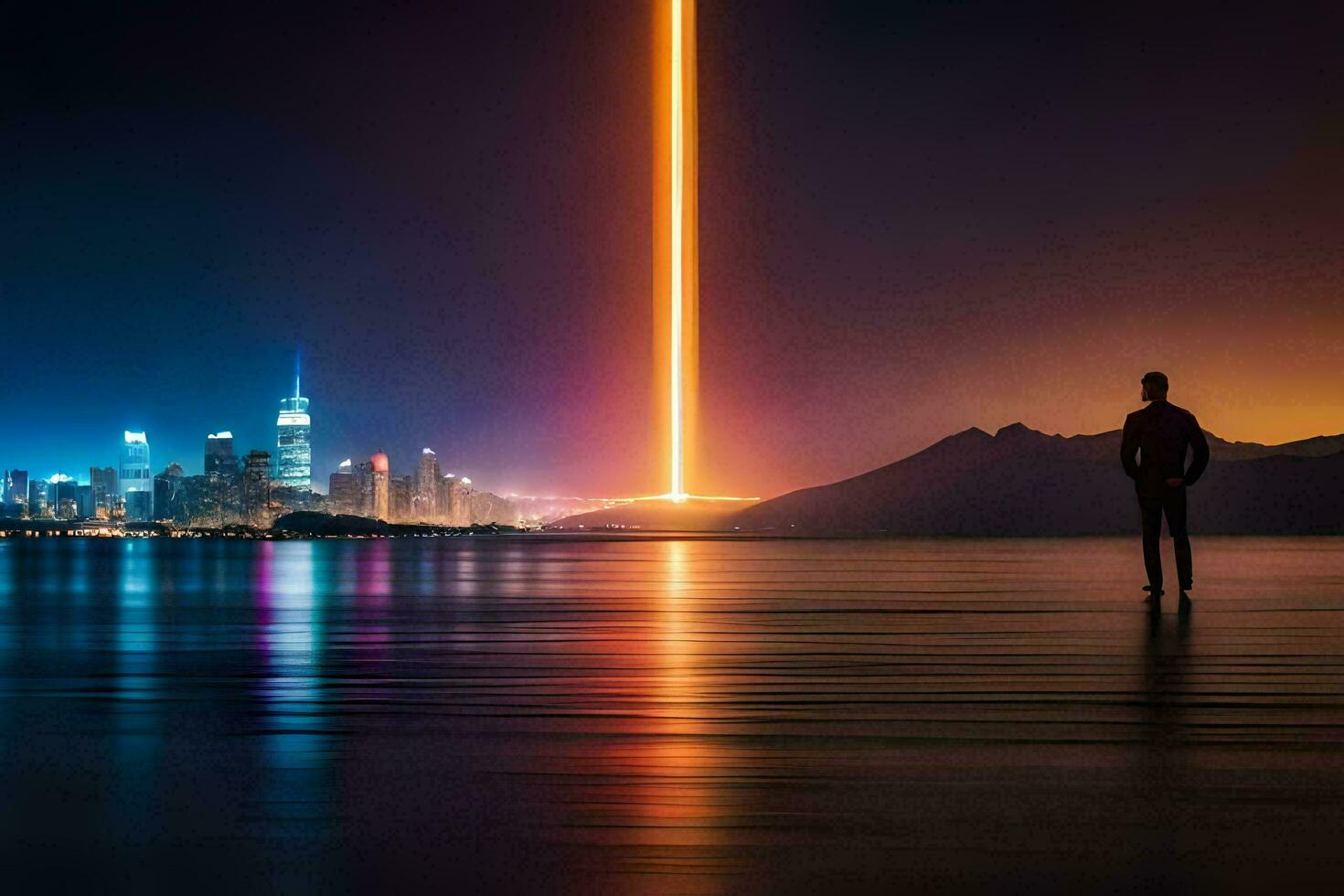 a man standing in front of a city skyline at night. AI-Generated photo