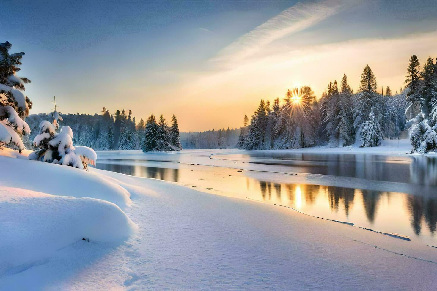 snow covered trees and the sun setting over a lake. AI-Generated photo